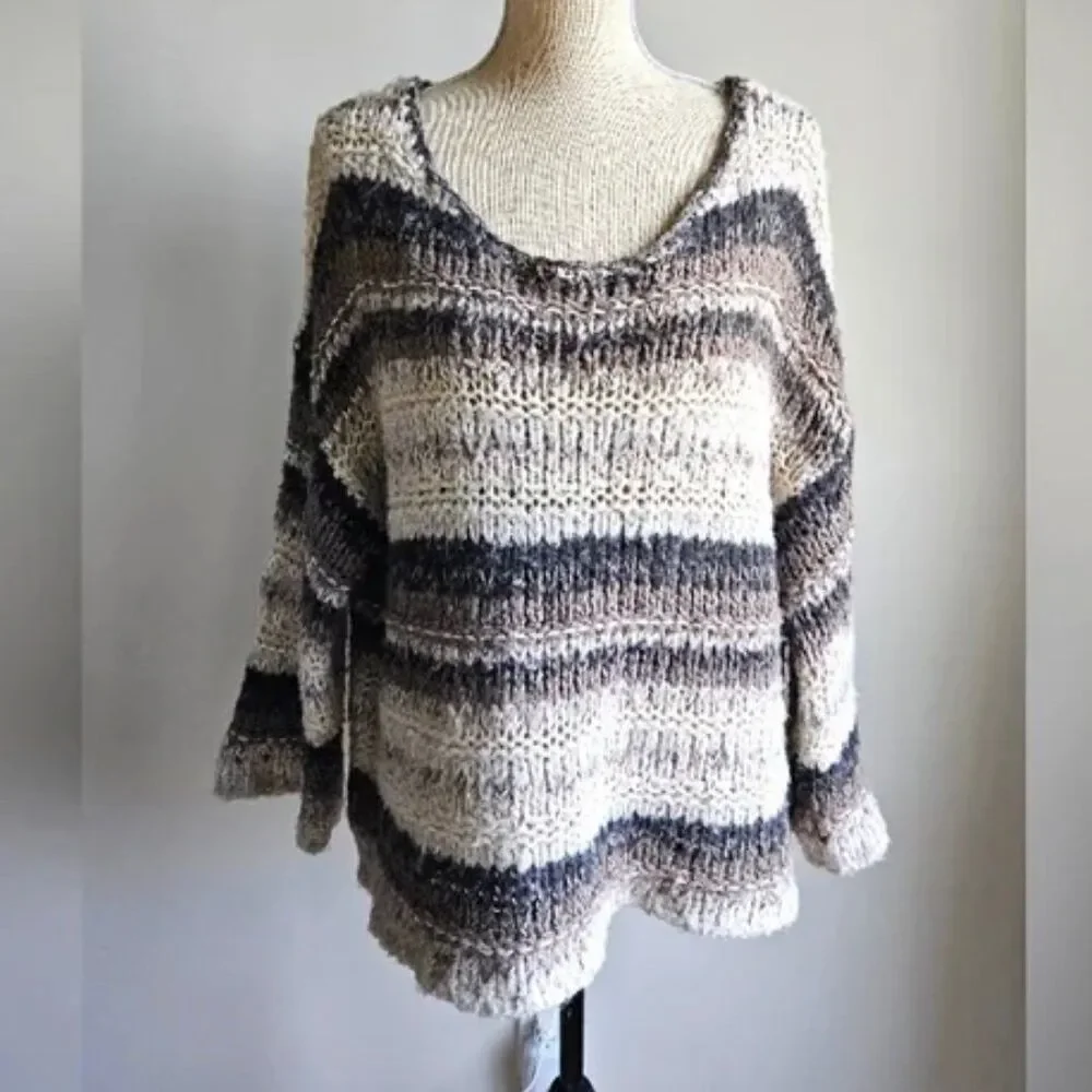 Free people grey gray striped crochet knit sweater